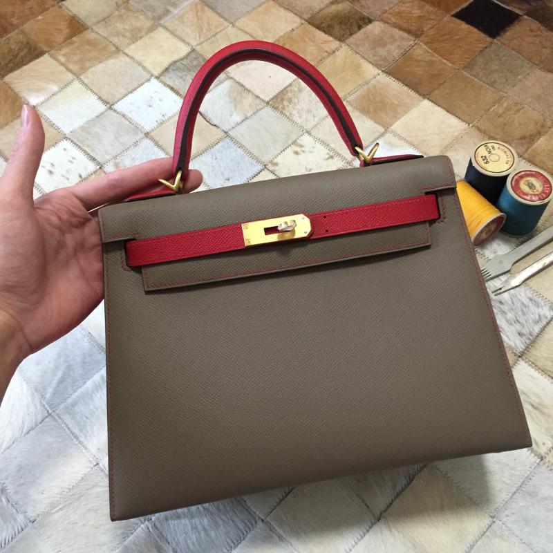 Hermes Kelly 28EP Colored Elephant Grey Flag Red Gold Buckle